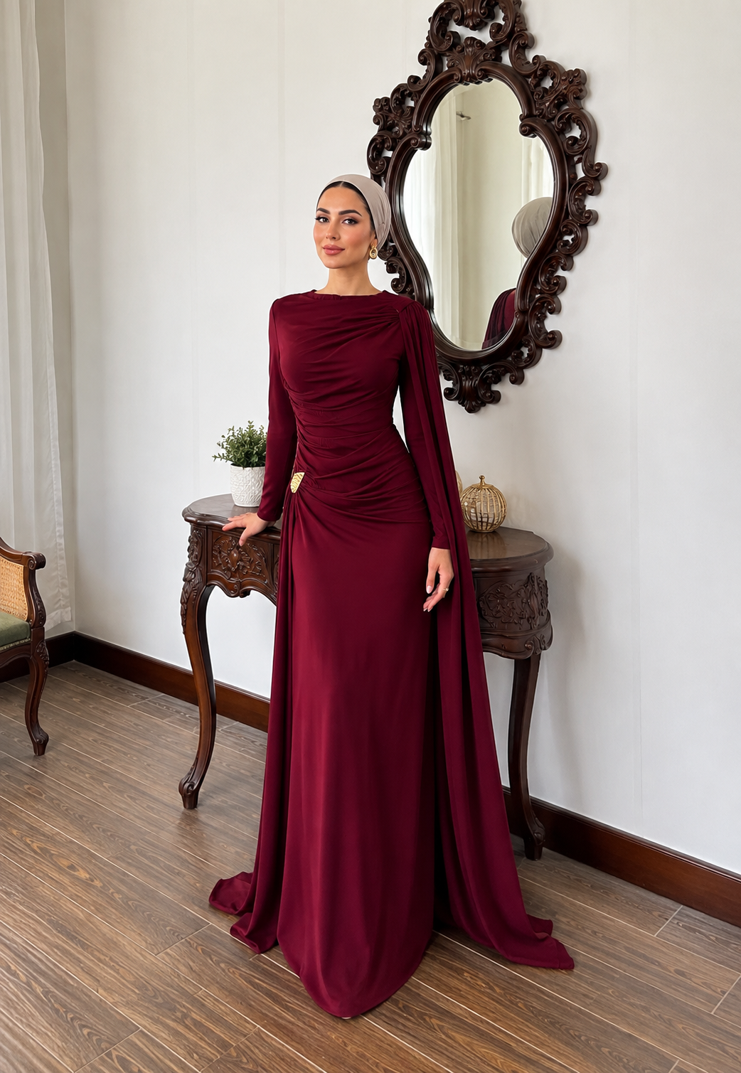 THE BORDEAUX DRAPED CAPE MAXI DRESS