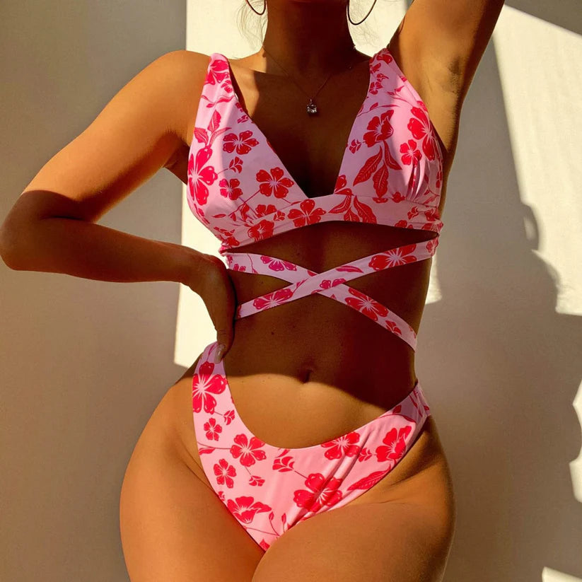 SHEIN PREMIUM Women's Printed Split Open Back Swimsuit