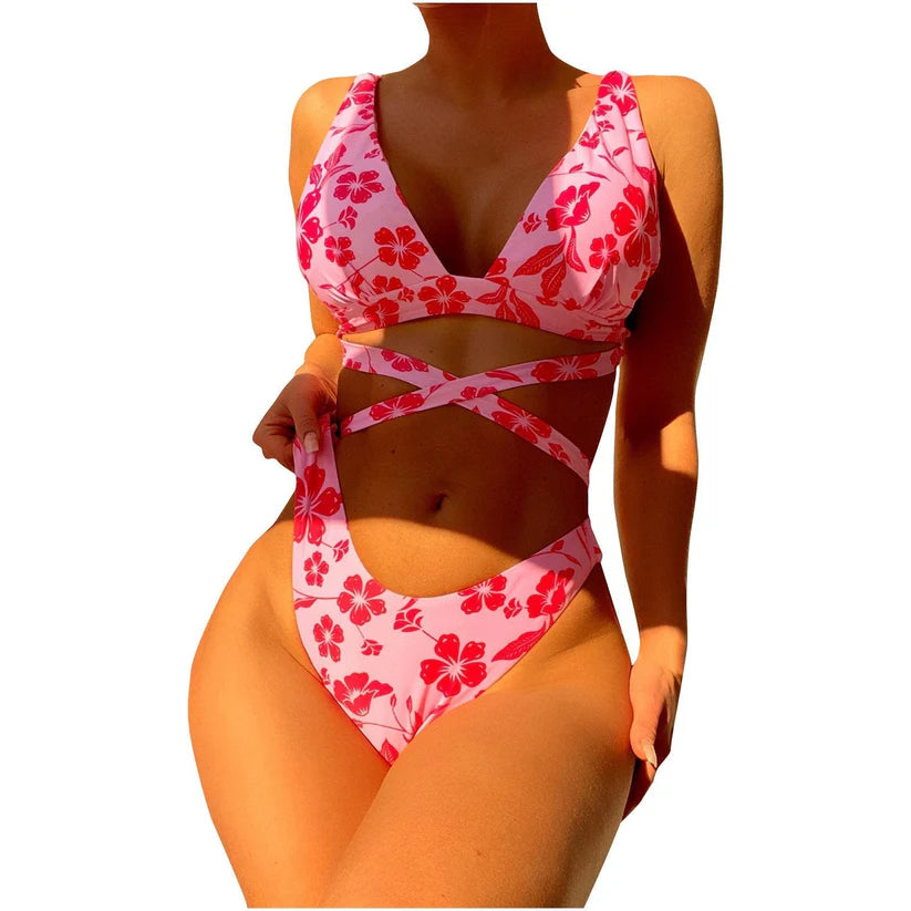 SHEIN PREMIUM Women's Printed Split Open Back Swimsuit
