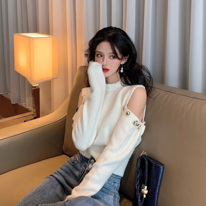 SHEIN Buttoned Cold Shoulder Knit Sweater