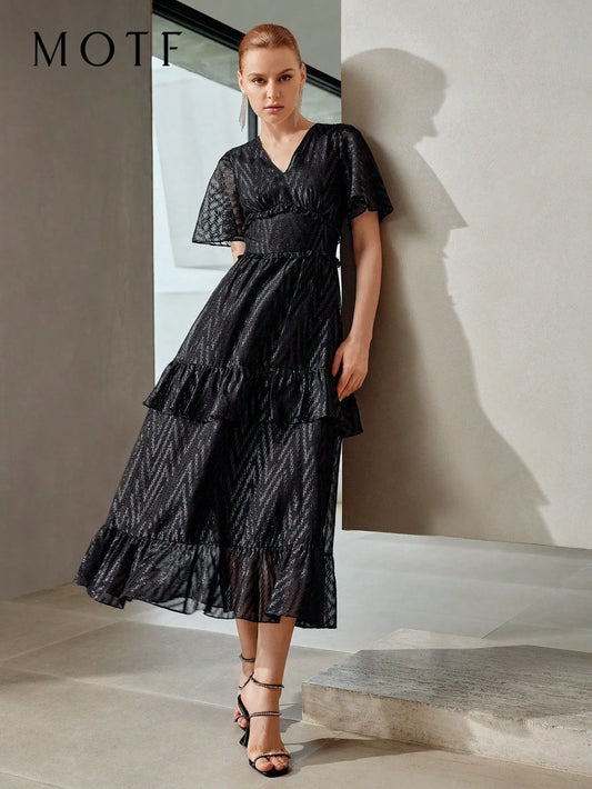 MOTF PREMIUM V-Neck Flutter Sleeve Layered Ruffle Hem Dress