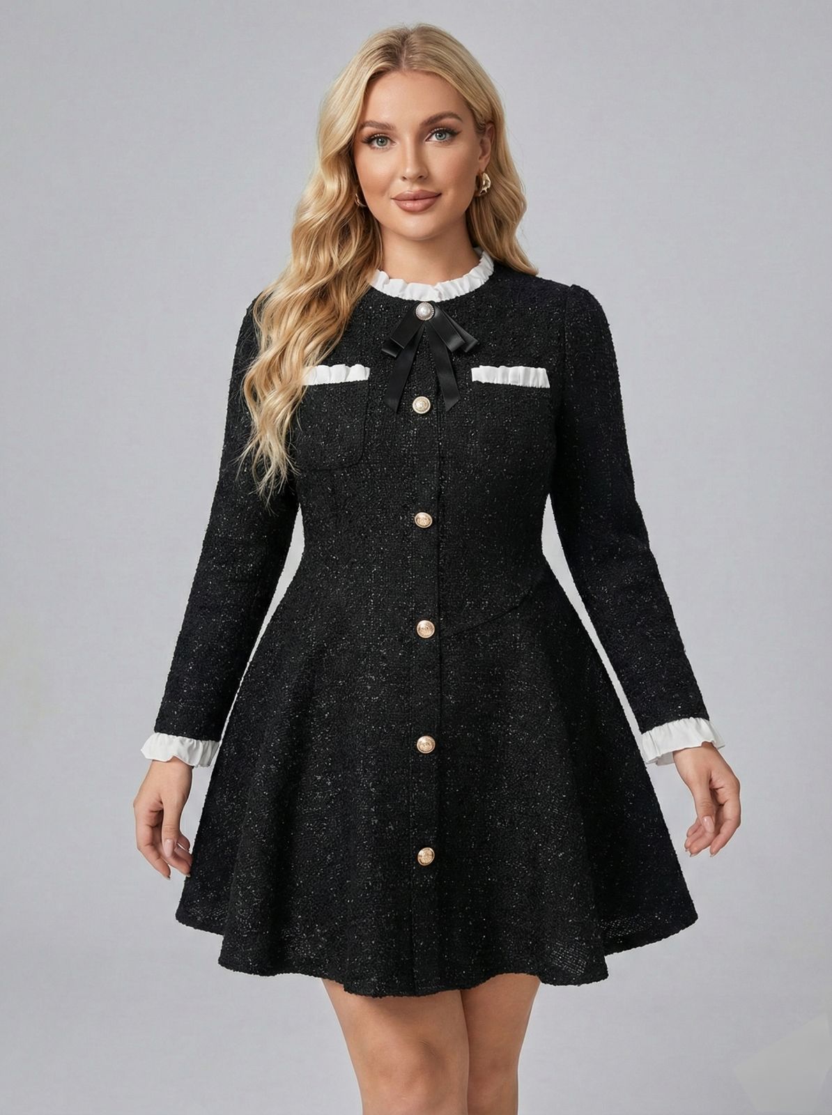 SHEIN MOD Plus Contrast Trim Bow Front Tweed Dress