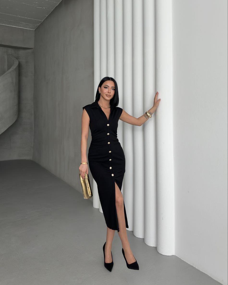 THE NOIR GOLD-BUTTON SCULPT DRESS