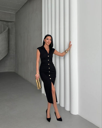 THE NOIR GOLD-BUTTON SCULPT DRESS