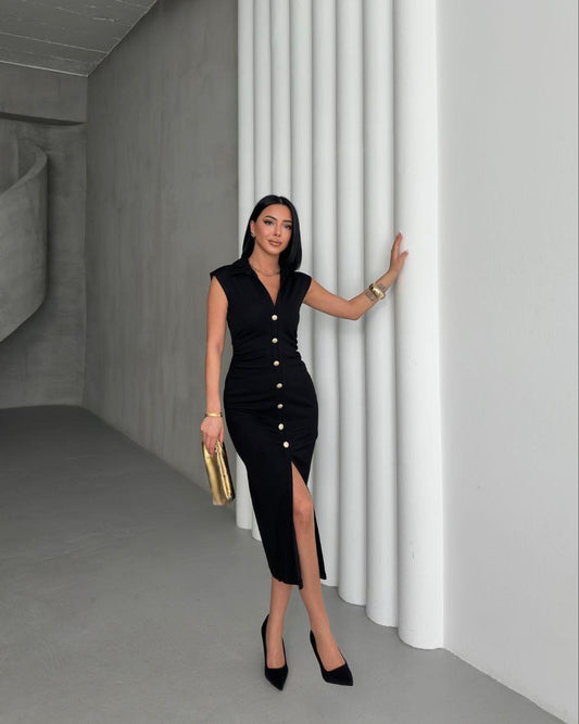 THE NOIR GOLD-BUTTON SCULPT DRESS