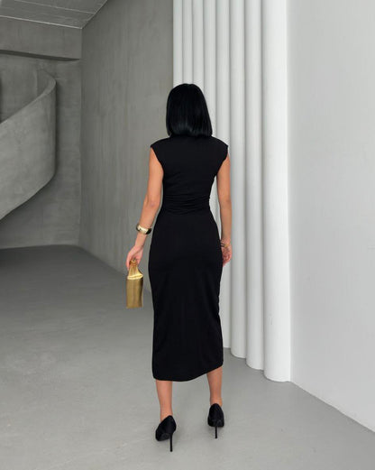THE NOIR GOLD-BUTTON SCULPT DRESS