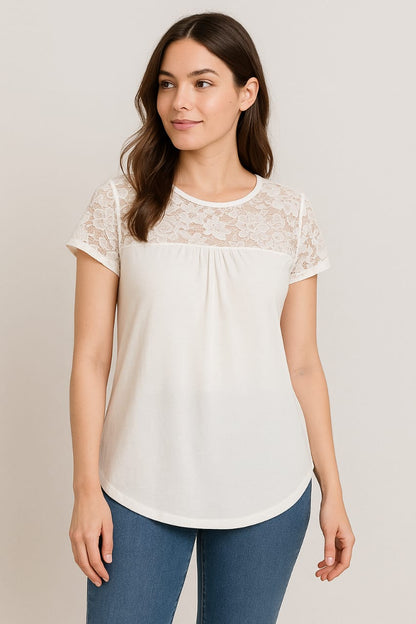 SHEIN Clasi Lace Yoke Casual Tee