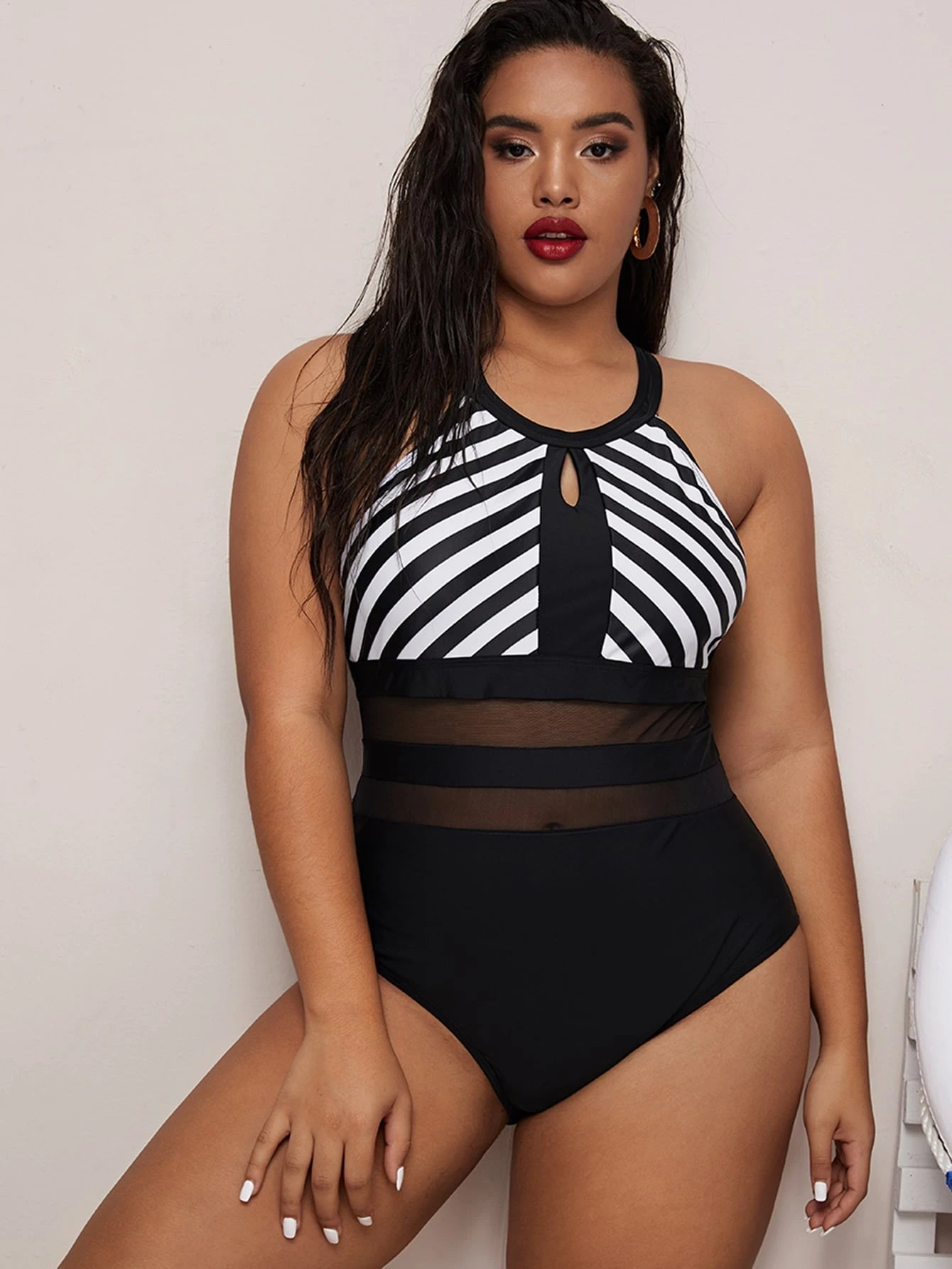 SHEIN Swim Curve Striped Mesh Swimsuit