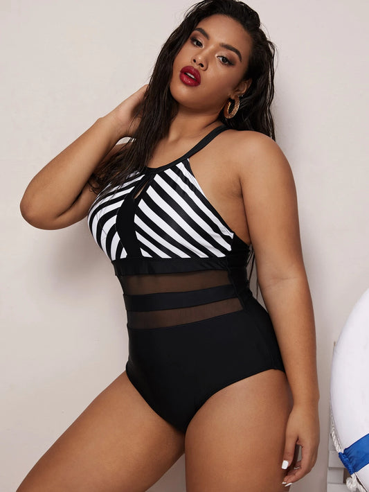 SHEIN Swim Curve Striped Mesh Swimsuit