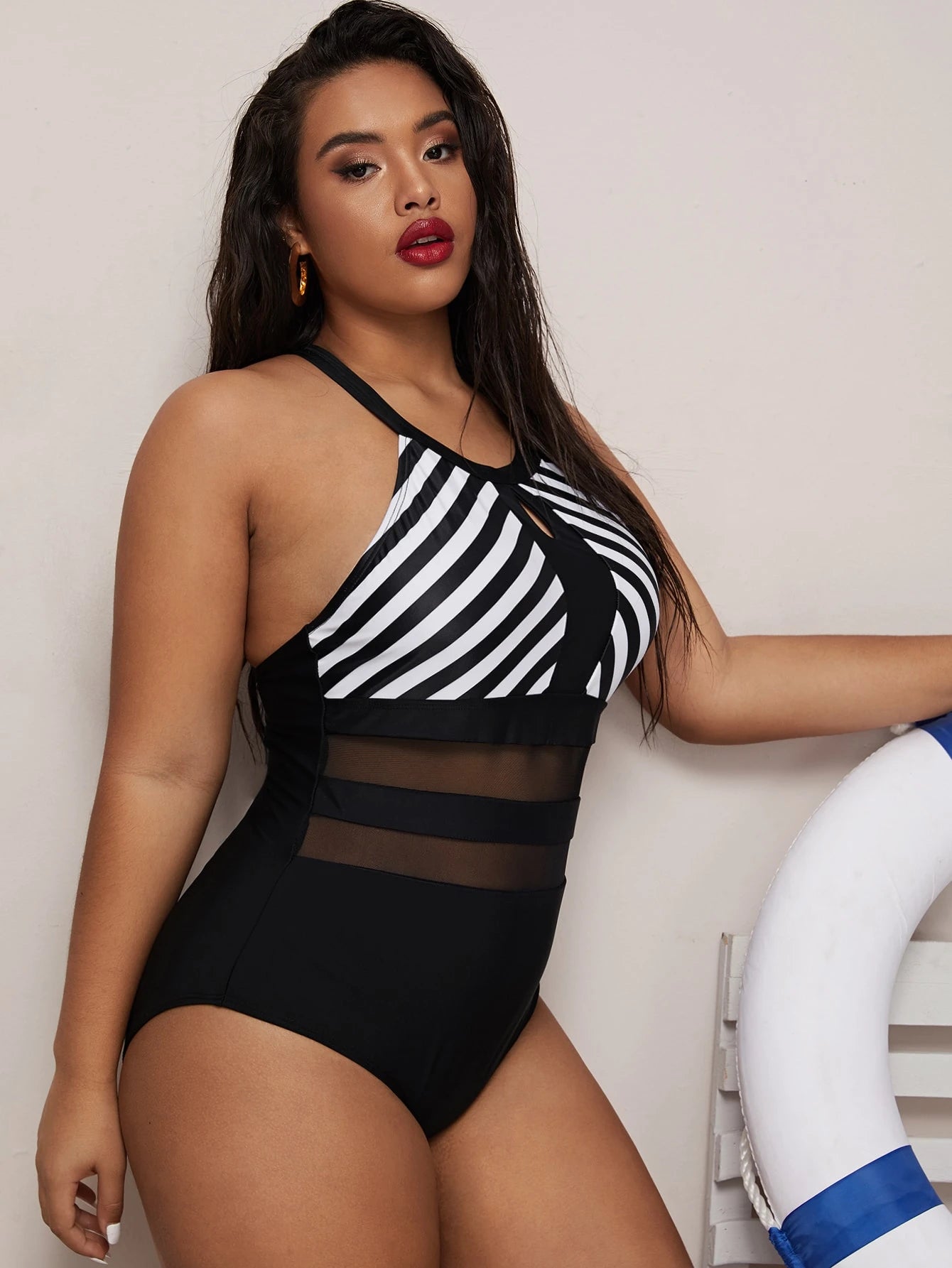 SHEIN Swim Curve Striped Mesh Swimsuit