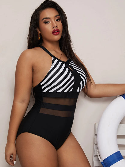 SHEIN Swim Curve Striped Mesh Swimsuit