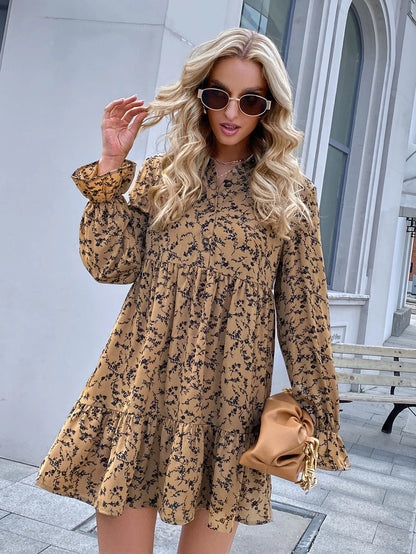 Floral half slit ruffle sleeve smock dress