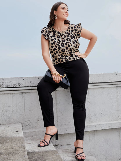 SHEIN Plus-Size Leopard Ruffle Sleeve Top