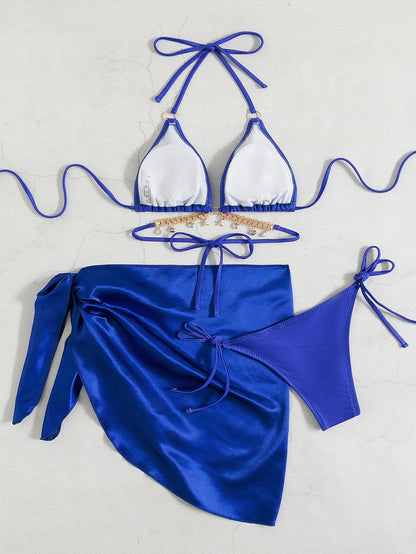 SHEIN Chain Detail Triangle Bikini Set With Beach Skirt