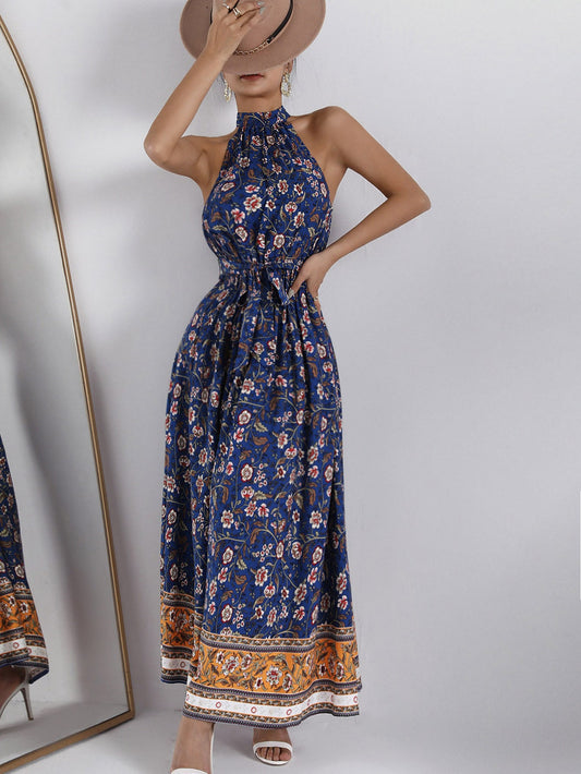 SHEIN Self Belted Halter Floral Dress