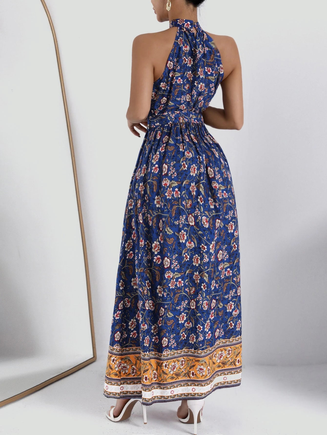SHEIN Self Belted Halter Floral Dress