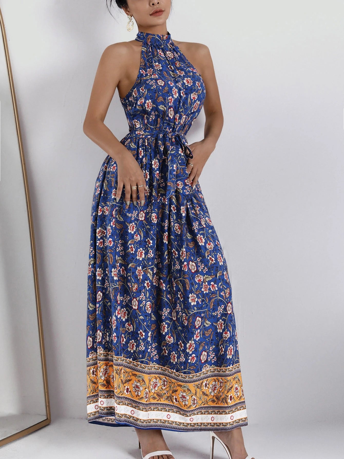 SHEIN Self Belted Halter Floral Dress