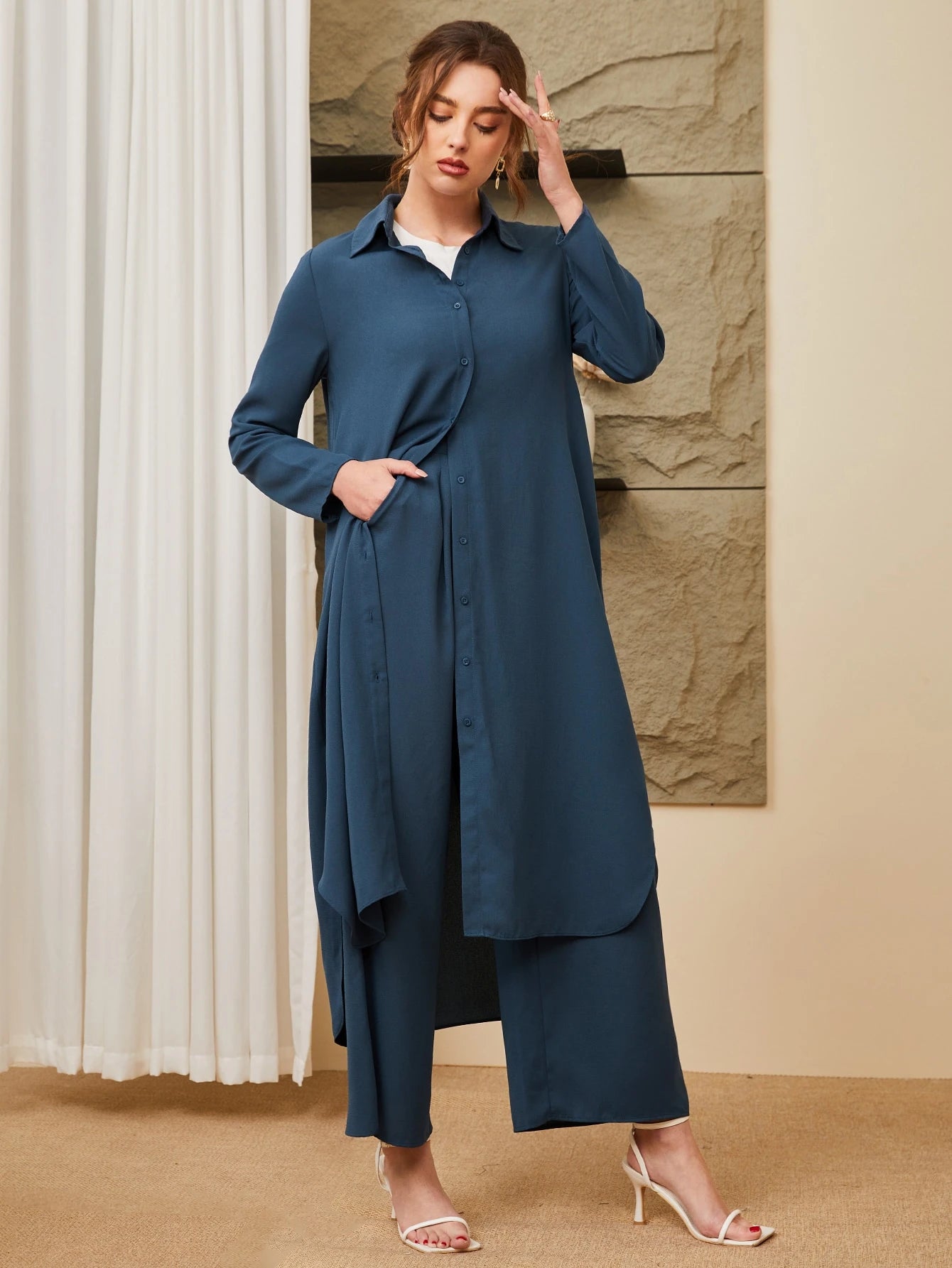 Shein long shirt & Wide-Leg Pants Set