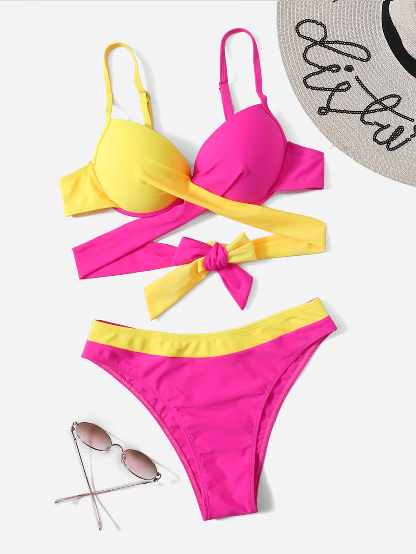SHEIN Beach Two-Tone Wrap Push-Up Bikini Set