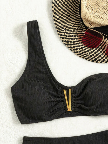 SHEIN Swim One Shoulder V-Notch Textured Bikini Top (only top)