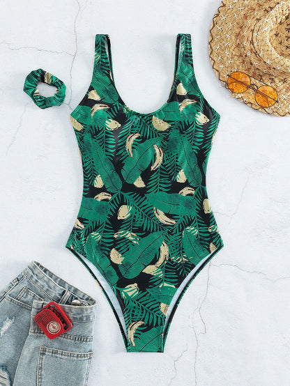 Tropical Leaf Print One-Piece Swimsuit with Hair Tie