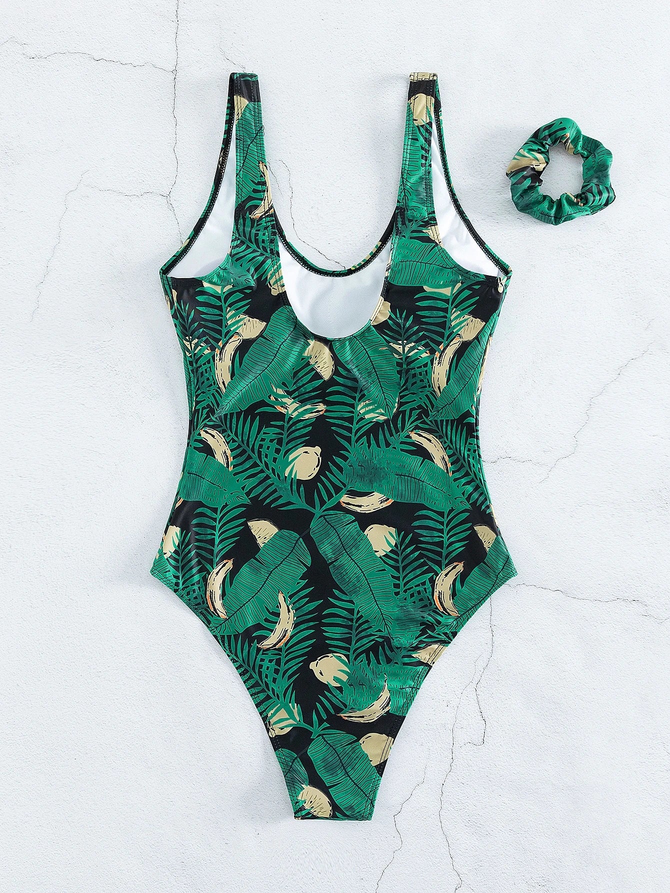 Tropical Leaf Print One-Piece Swimsuit with Hair Tie