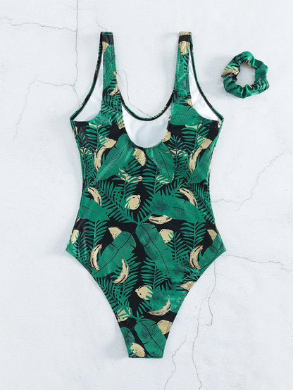 Tropical Leaf Print One-Piece Swimsuit with Hair Tie