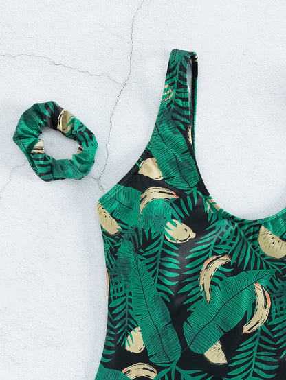 Tropical Leaf Print One-Piece Swimsuit with Hair Tie