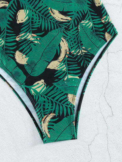 Tropical Leaf Print One-Piece Swimsuit with Hair Tie