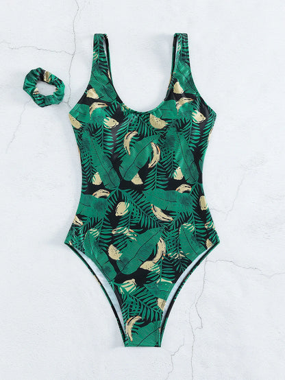 Tropical Leaf Print One-Piece Swimsuit with Hair Tie