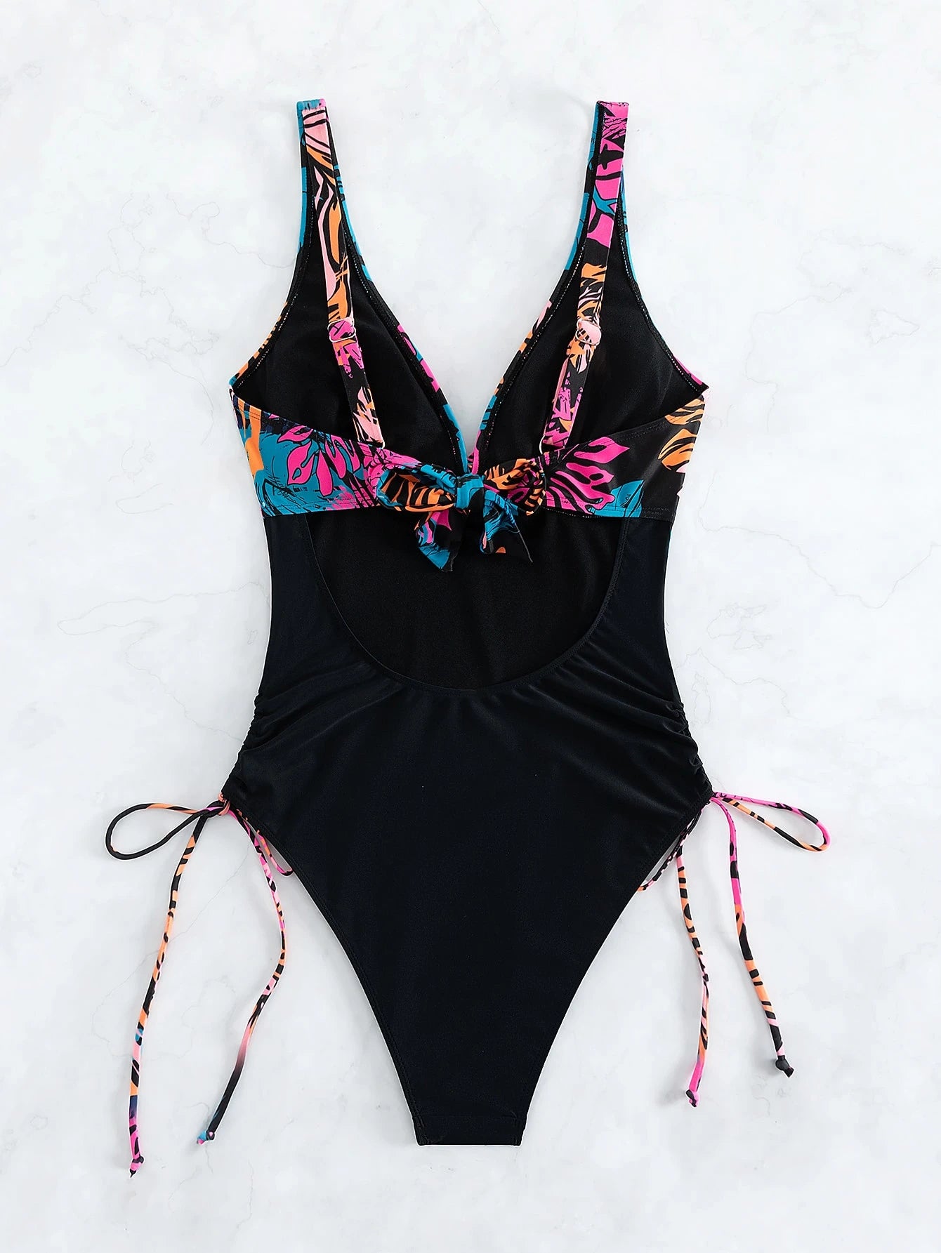 SHEIN Tropical Print Drawstring One-Piece Swimsuit