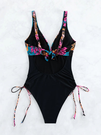 SHEIN Tropical Print Drawstring One-Piece Swimsuit