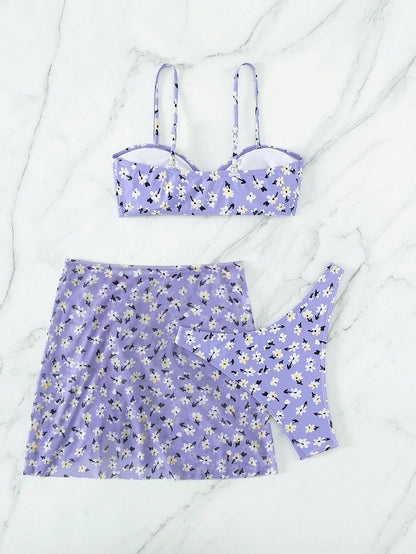 SHEIN Floral Bikini Set with Beach Skirt