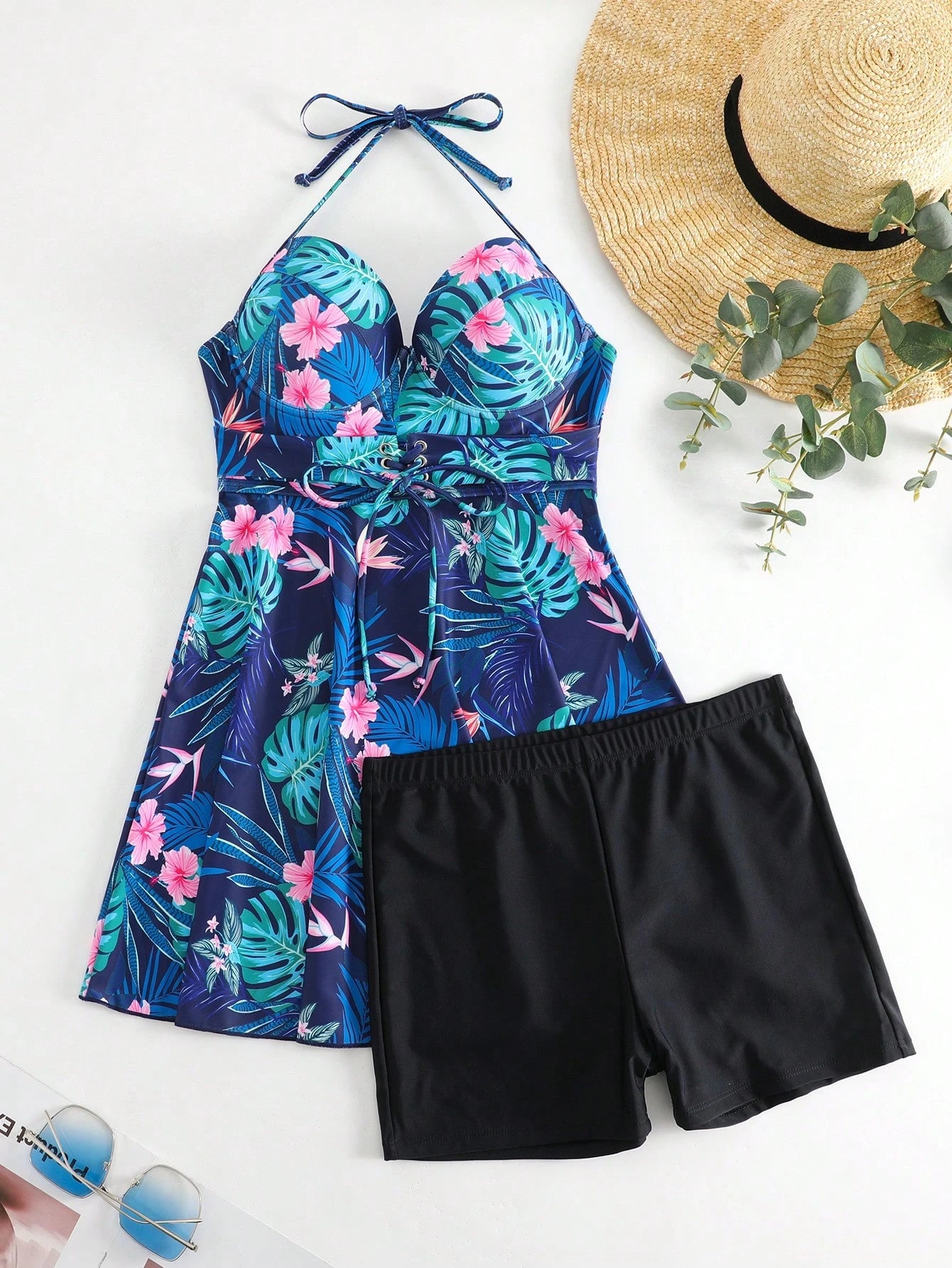 Shein Tropical Print Swim Dress Set with Shorts