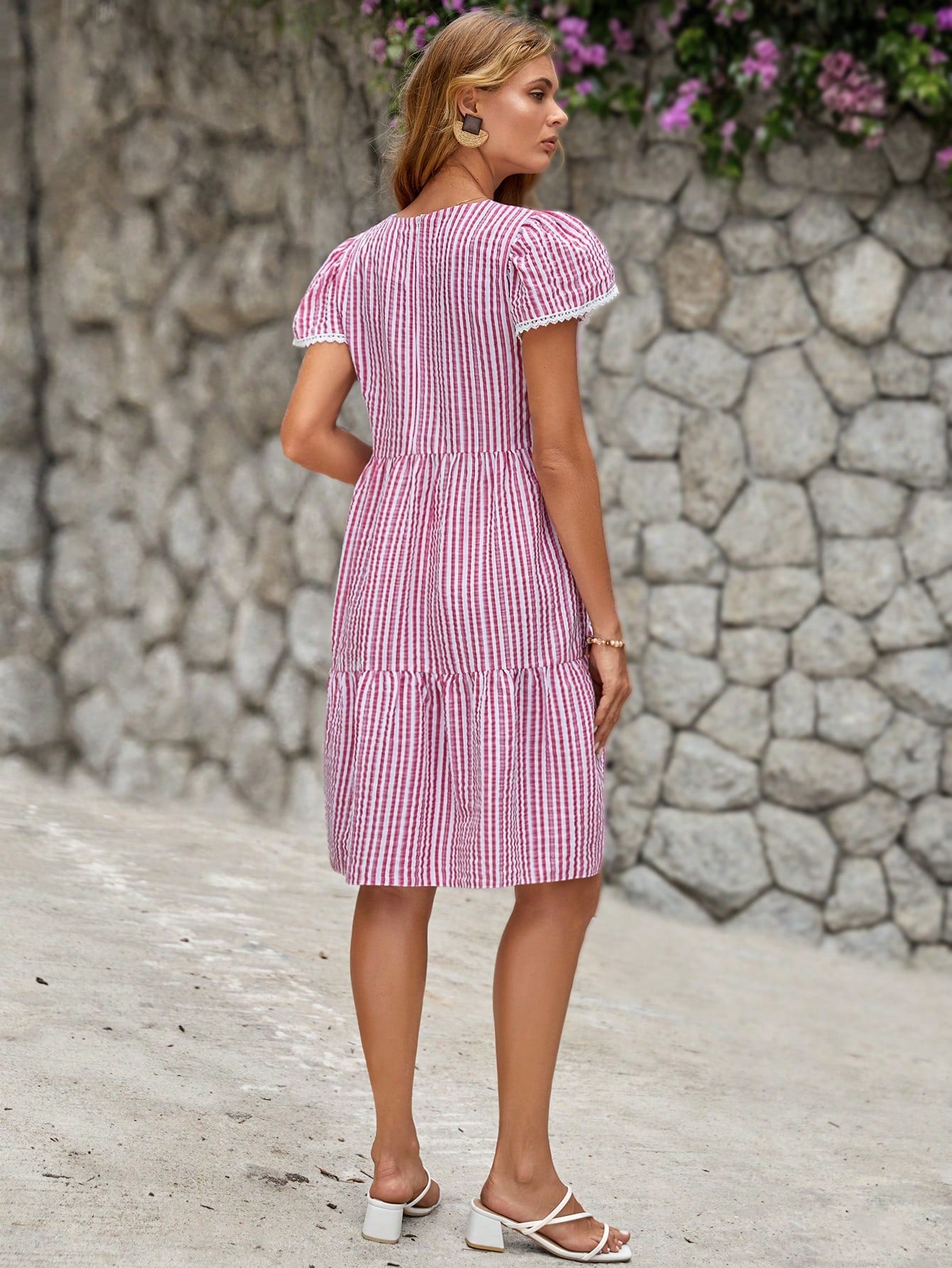 Striped Puff‑Sleeve Smock Turkish Dress