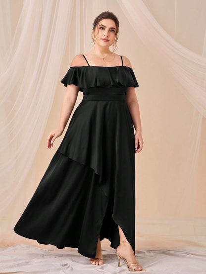 SHEIN Plus Cold Shoulder Ruffle Trim Asymmetrical Hem Dress