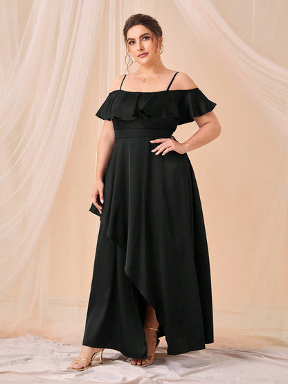 SHEIN Plus Cold Shoulder Ruffle Trim Asymmetrical Hem Dress