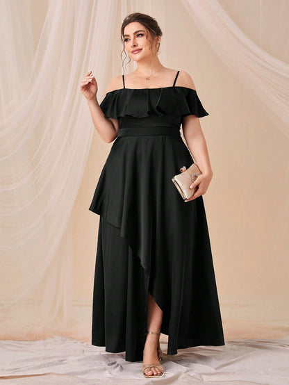 SHEIN Plus Cold Shoulder Ruffle Trim Asymmetrical Hem Dress