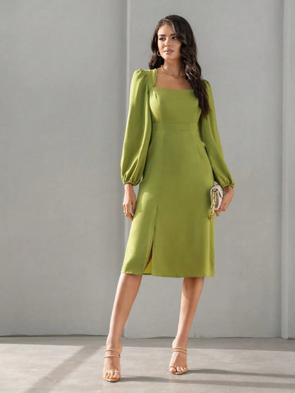 Aveloria Square Neck Lantern Sleeve Solid Satin Dress
