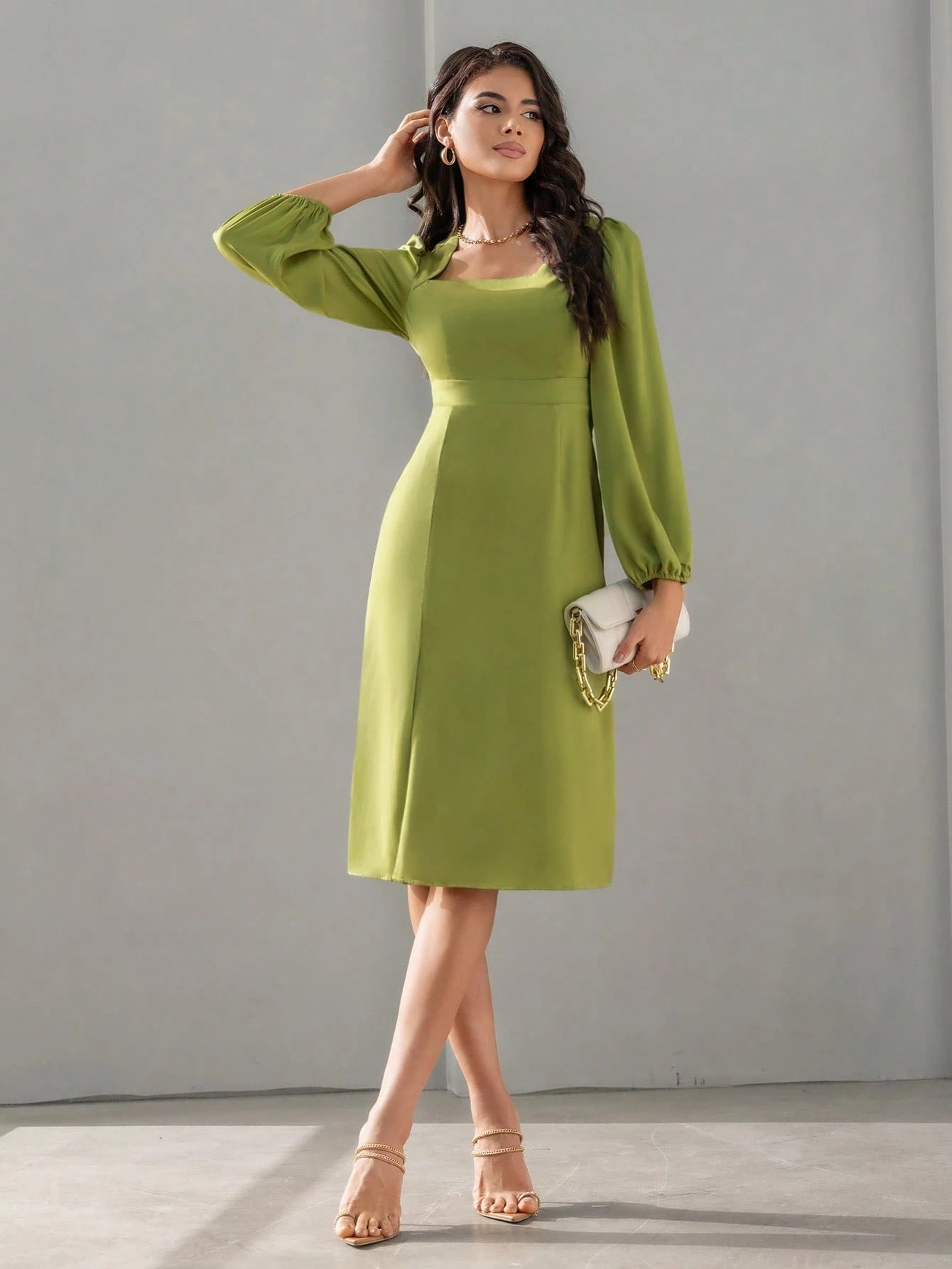 Aveloria Square Neck Lantern Sleeve Solid Satin Dress