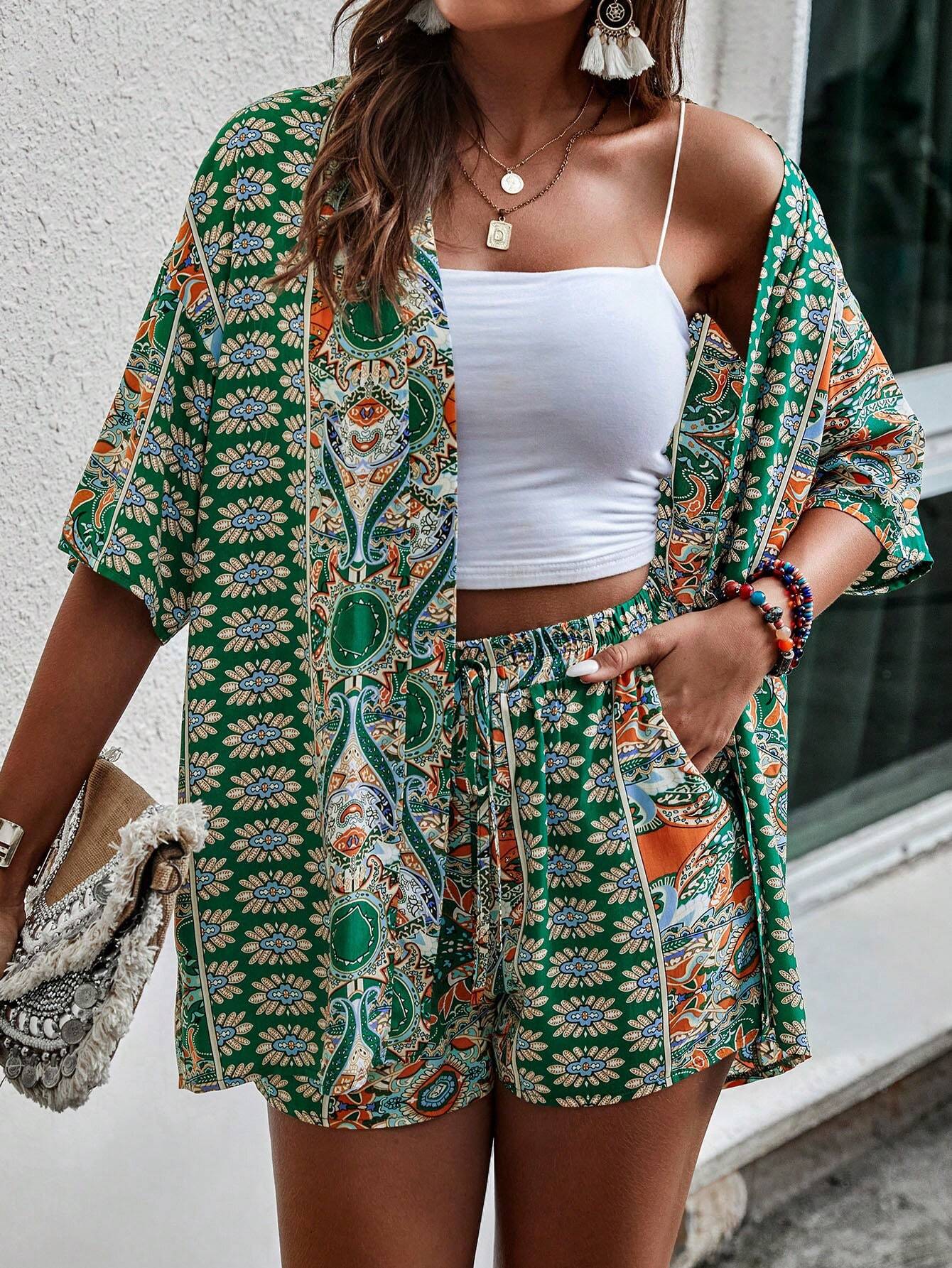 Shein Printed Kimono & Shorts Set