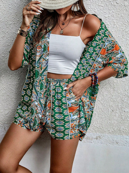 Shein Printed Kimono & Shorts Set