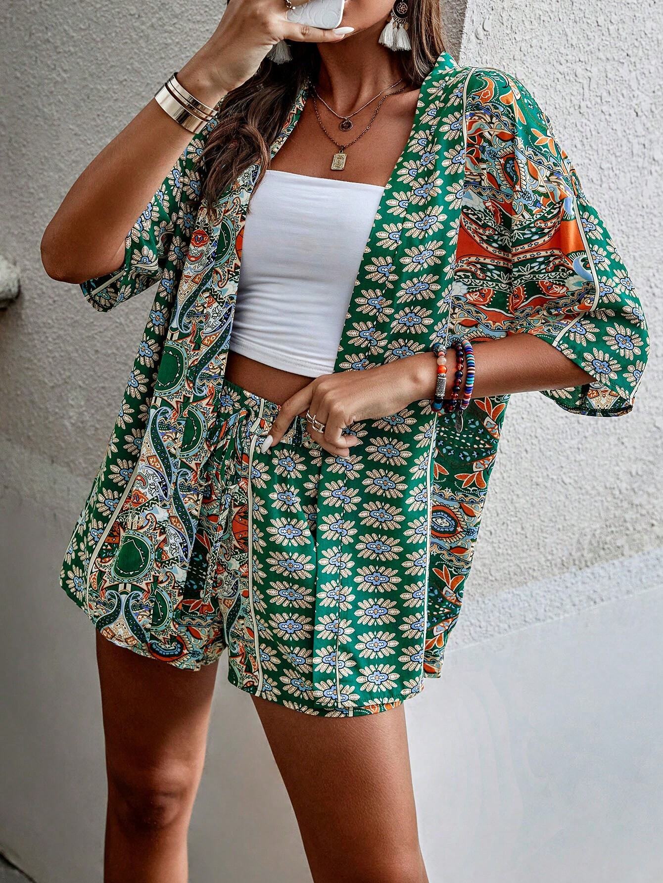 Shein Printed Kimono & Shorts Set