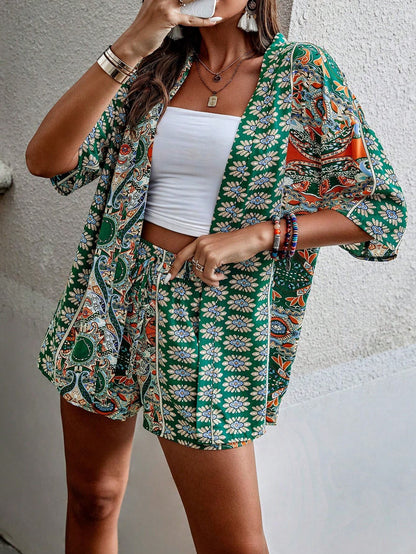 Shein Printed Kimono & Shorts Set