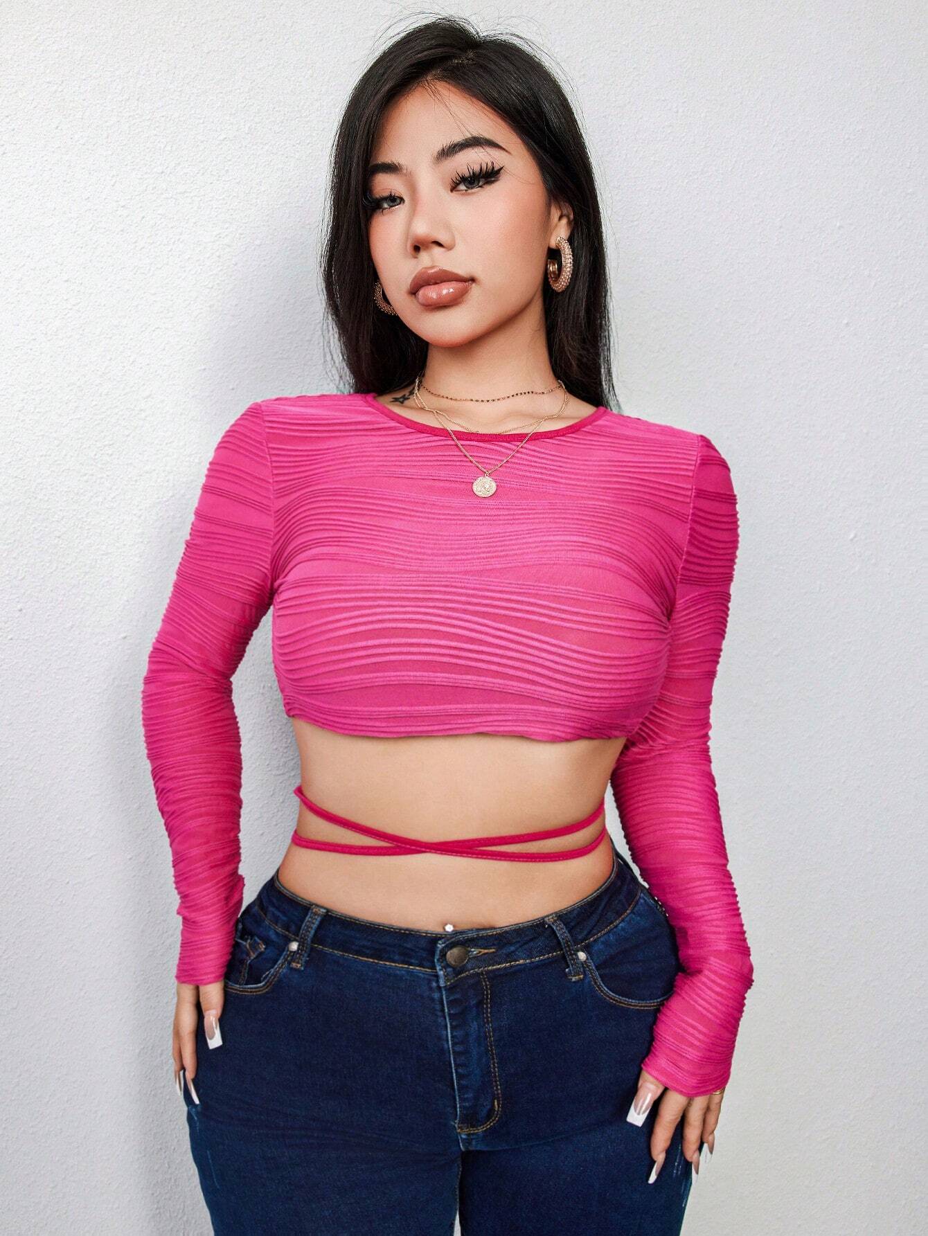 SHEIN Criss‑Cross Tie‑Back Long‑Sleeve Crop Top