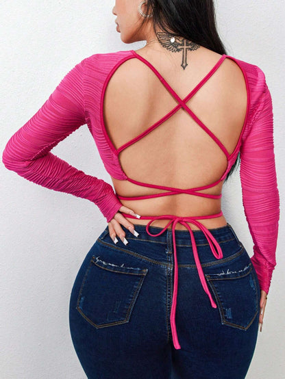 SHEIN Criss‑Cross Tie‑Back Long‑Sleeve Crop Top