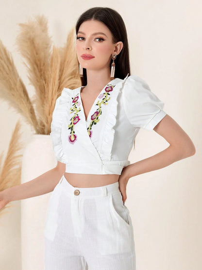 Shein Embroidered Cropped Top – V-Neck