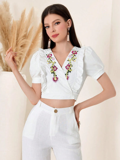 Shein Embroidered Cropped Top – V-Neck