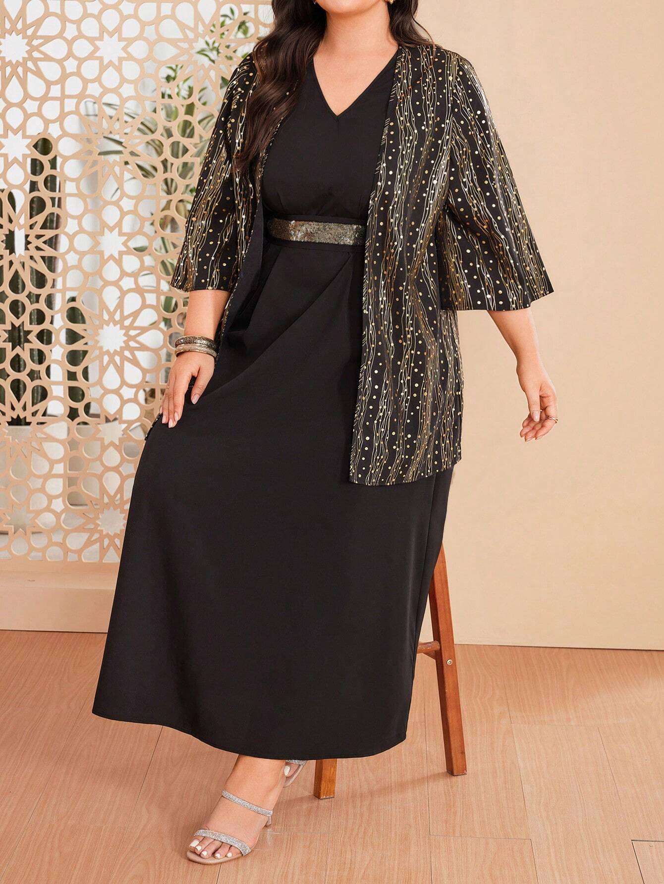 SHEIN Black Maxi Dress & Gold Print Jacket Set