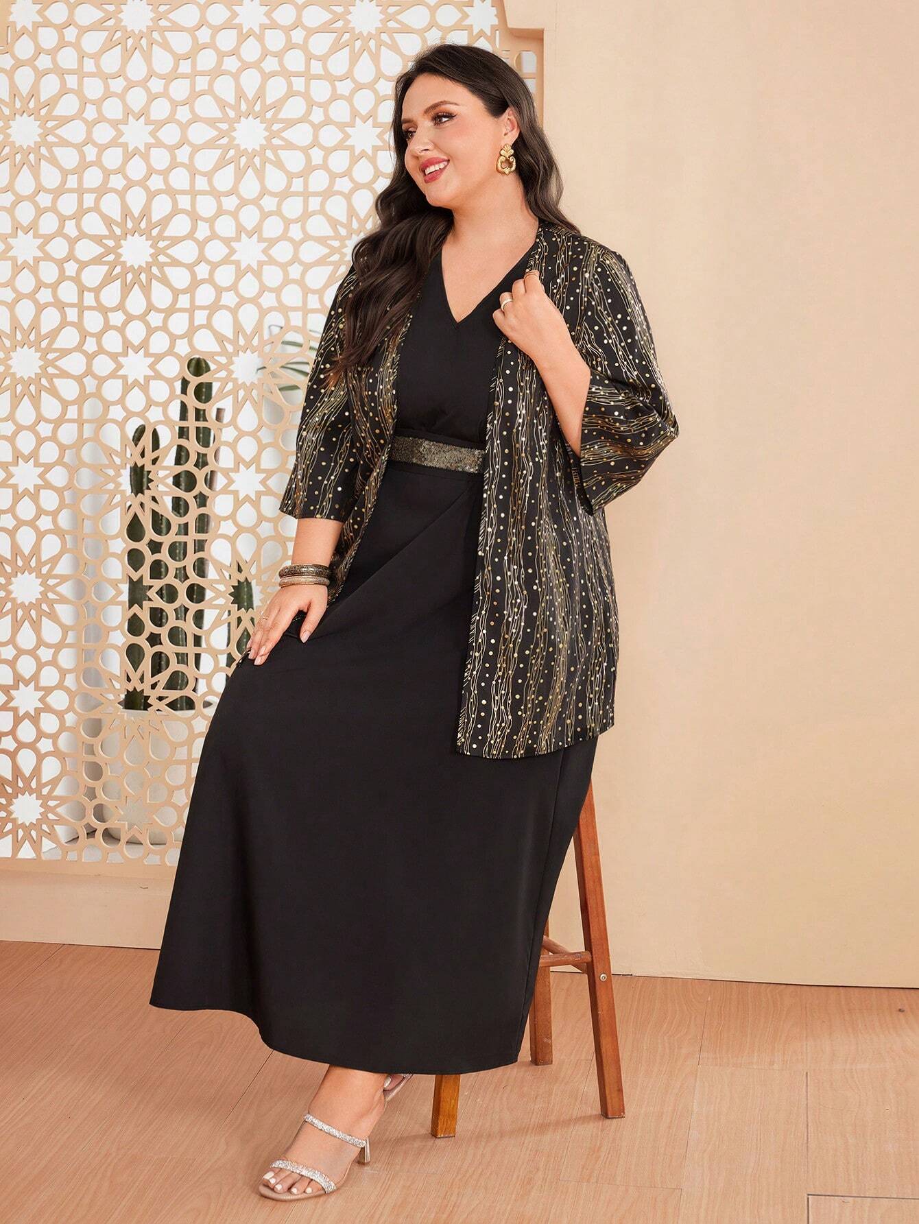 SHEIN Black Maxi Dress & Gold Print Jacket Set